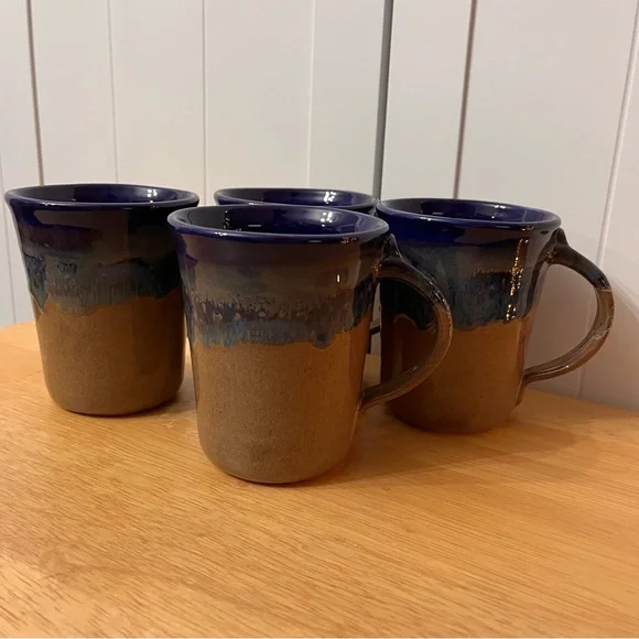 Neher Art Pottery 2020 Drip Glaze Tan & Blue Coffee Mugs Set of 4 Signed Exc! - Picture 2 of 4